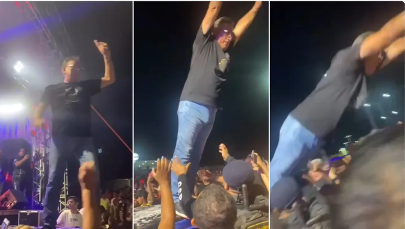 VÍDEO: Prefeito de Senador Pompeu se empolga em festa, se joga na plateia, mas cai no chão