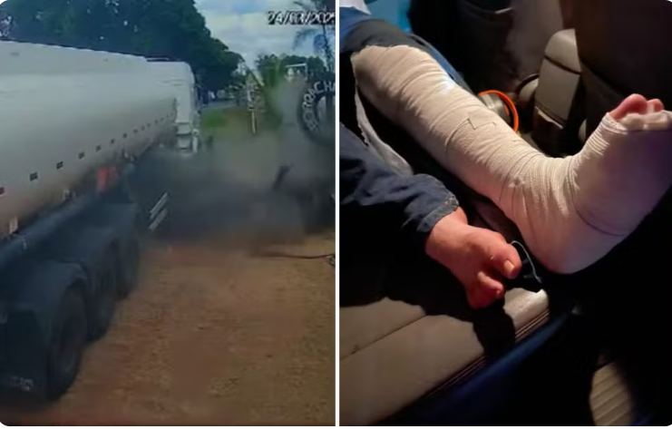 Borracheiro é arremessado após explosão de pneu de carreta em Caldas Novas